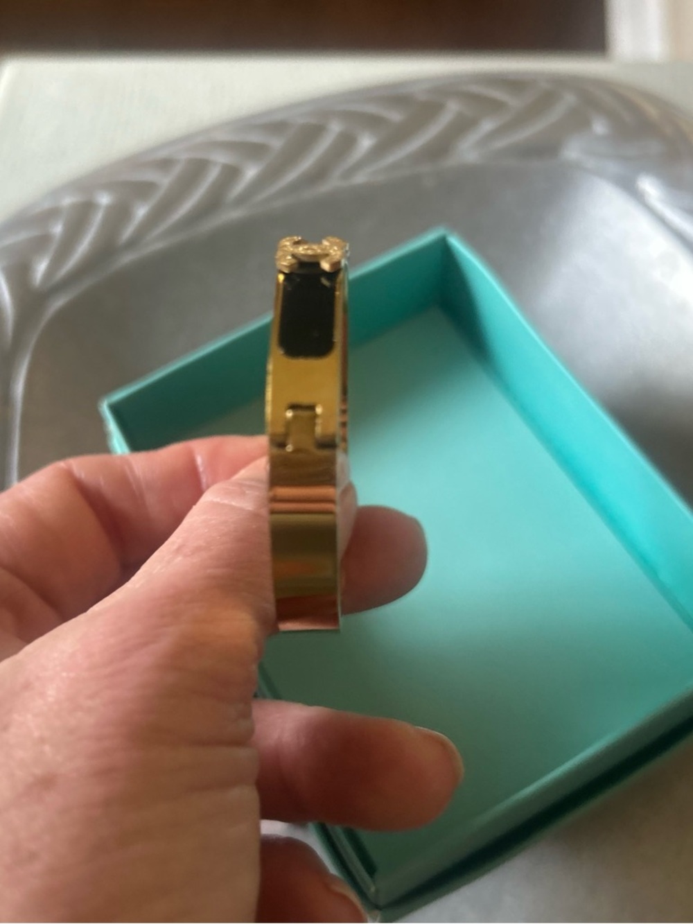 Gold-Tone Logo Accent Black Enamel Bangle Bracelet - Picture 4 of 6